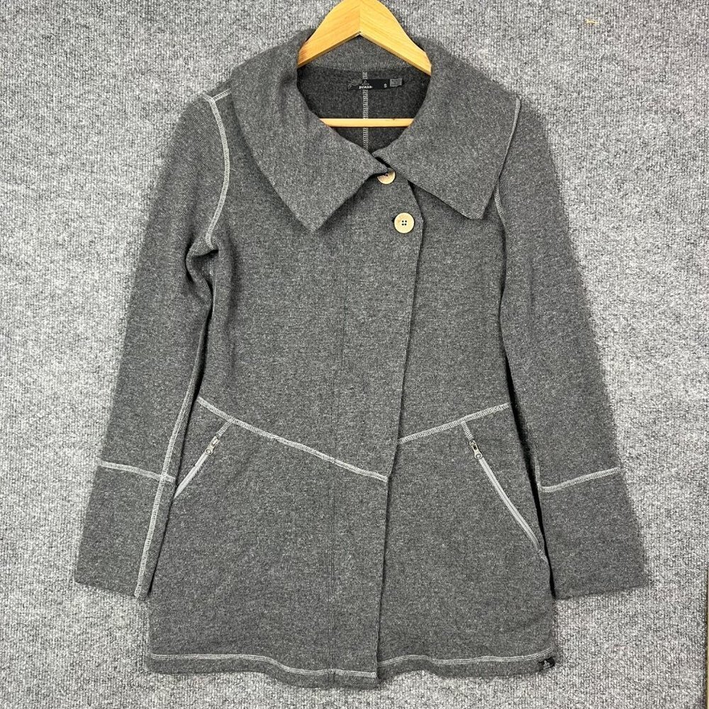 Prana Women's Gray Sephra Full‎ Zip Wool Shawl Collar Jacket Sz Small